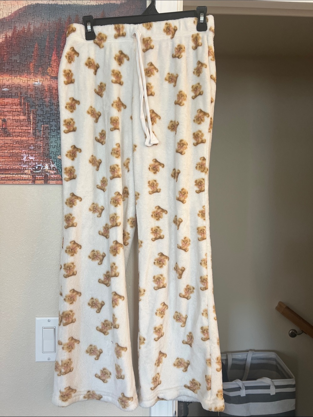 Cozy Teddy Bear Print Fleece Pajama Pants - Cream